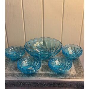 Vintage Hazelware Capri Azure Blue Glass Bowl Set, 9 Piece MCM 1960s Dessert Set